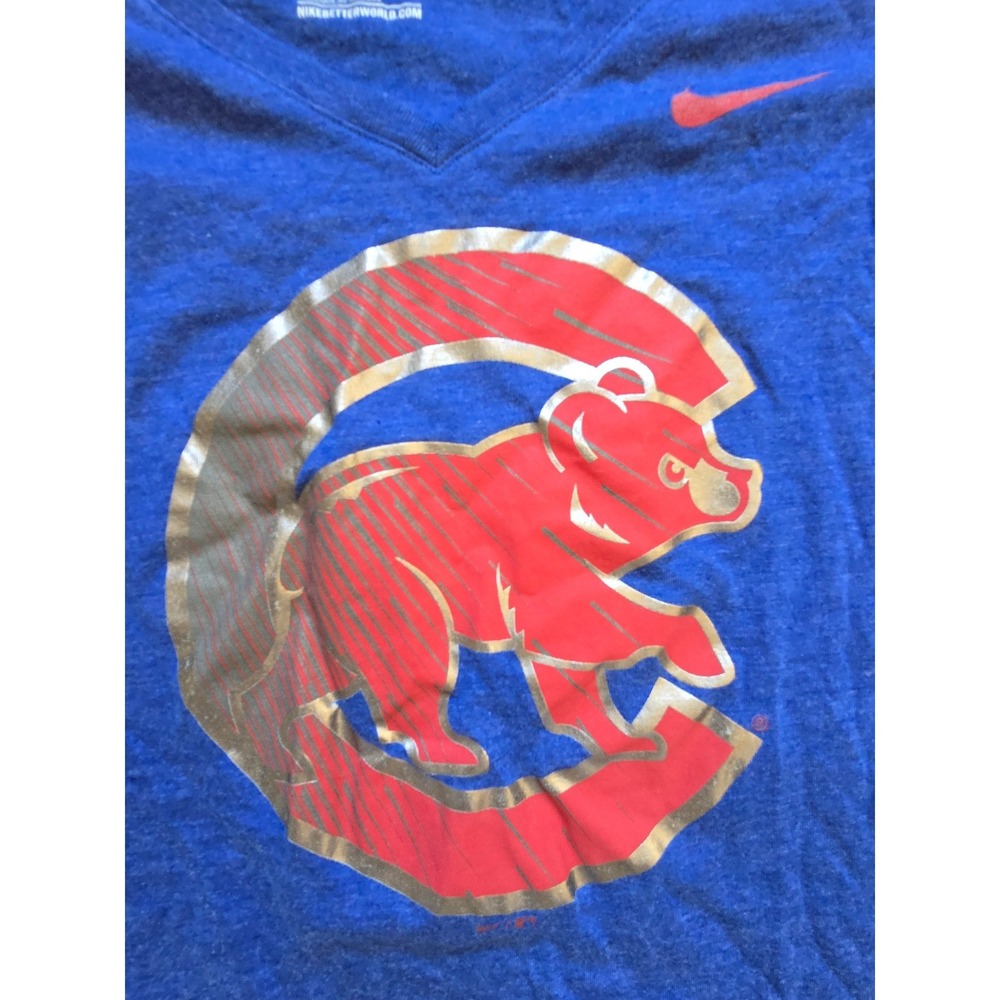 Nike Chicago Cubs Womens V-Neck T-Shirt Blue Heather Tri-Blend Graphic Tee Small - Picture 2 of 4